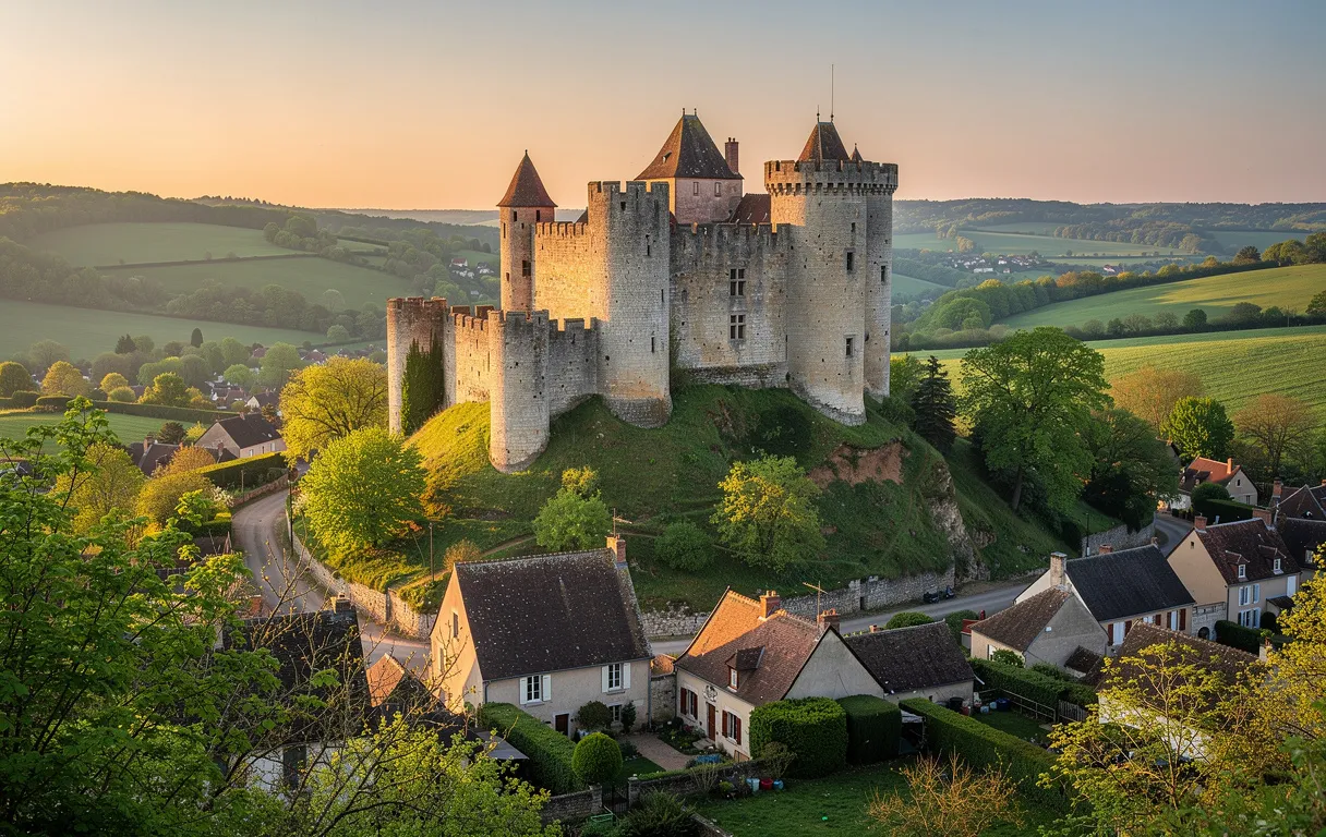 Le château médiéval de Druyes-les-Belles-Fontaines domine un village paisible entouré de collines verdoyantes sous la lumière dorée du soir.