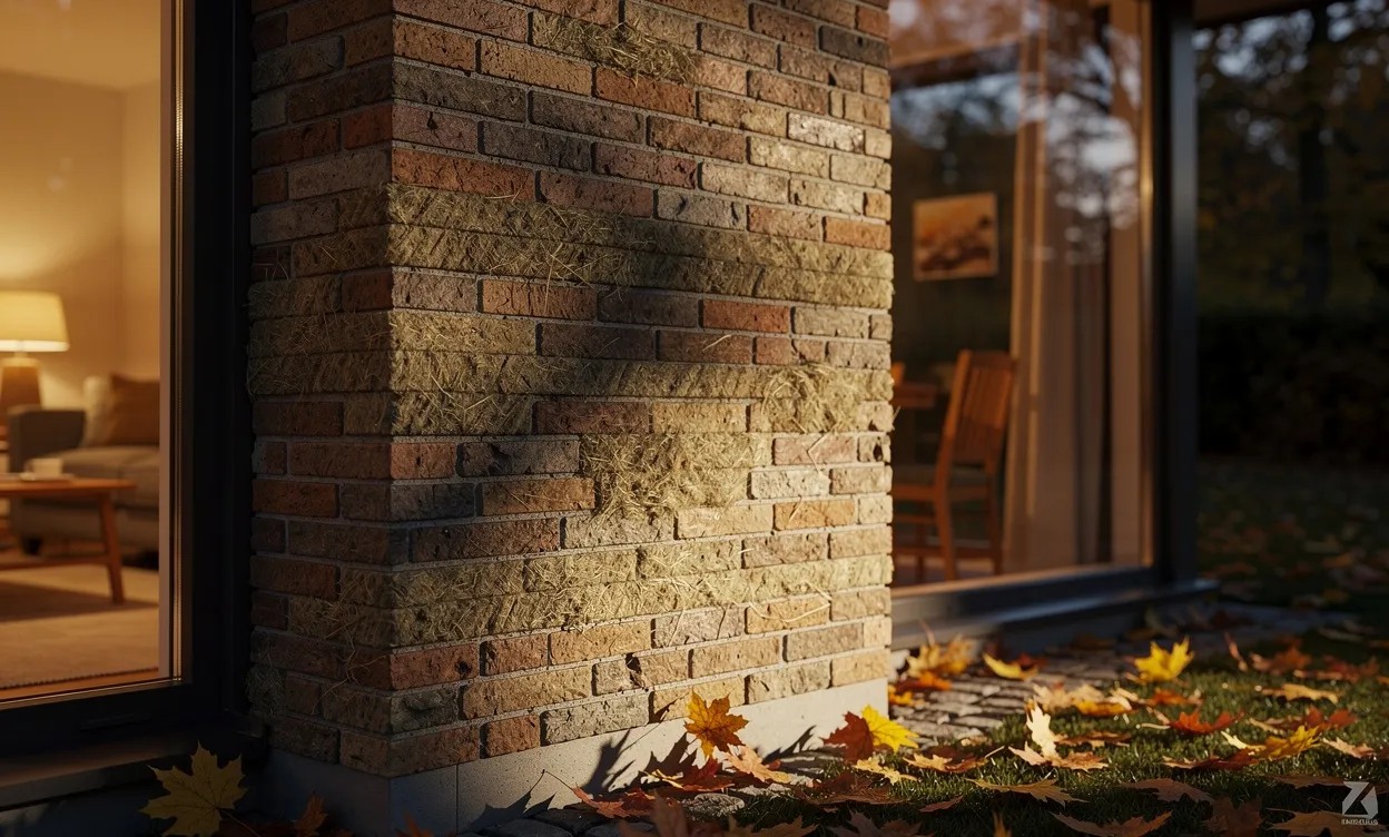 Une cheminée en briques entourée de laine de roche épaisse, avec une maison chaleureuse visible à travers une fenêtre, bordée de feuilles dorées par un soir d’automne.