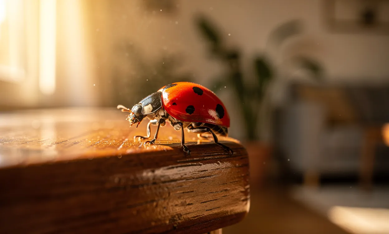 Une coccinelle posée sur un rebord de fenêtre en bois éclairé par la lumière du soleil dans une maison chaleureuse.