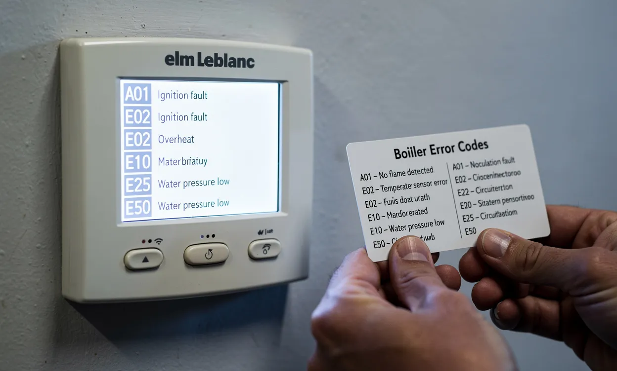 Panneau d’affichage d’une chaudière Elm Leblanc indiquant des codes d’erreur, avec des mains tenant une carte de référence imprimée à côté.