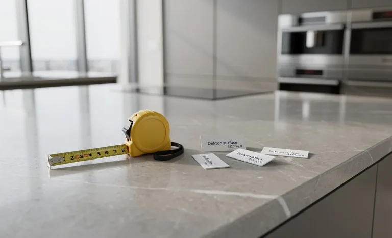 Cuisine moderne avec un plan de travail en Dekton, un mètre ruban et des étiquettes de prix posés dessus, éclairée par la lumière du jour.