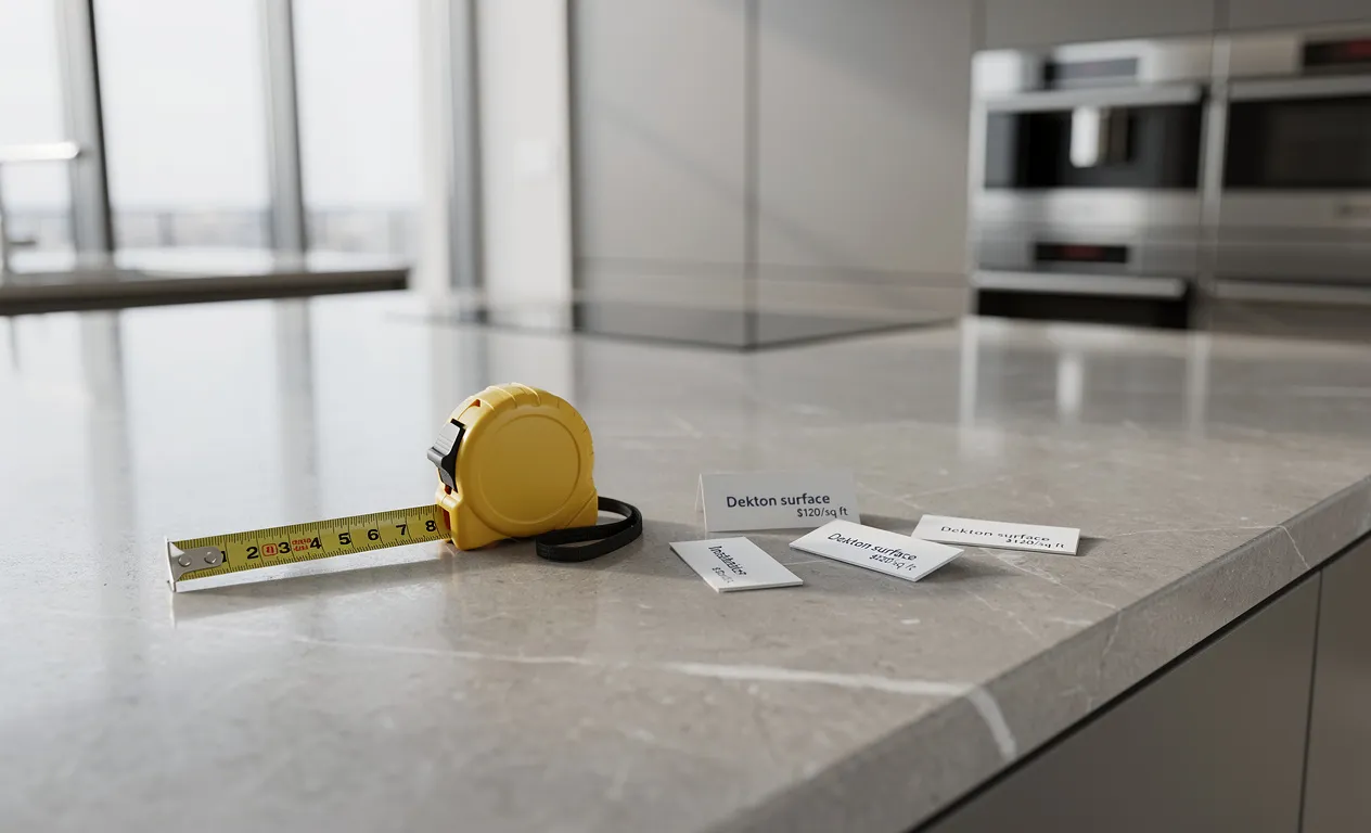 Cuisine moderne avec un plan de travail en Dekton, un mètre ruban et des étiquettes de prix posés dessus, éclairée par la lumière du jour.
