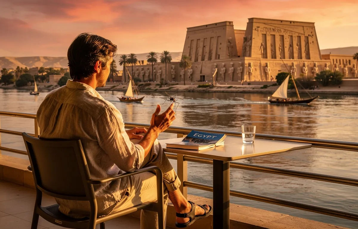 Un voyageur assis sur le balcon d’un hôtel au bord du Nil au coucher du soleil regarde des monuments égyptiens anciens tout en chassant un moustique.