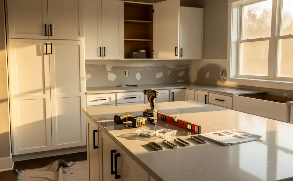 Cuisine moderne en rénovation avec des meubles neufs en cours d'installation, des outils et matériaux rangés, éclairée par la lumière naturelle de l'après-midi.
