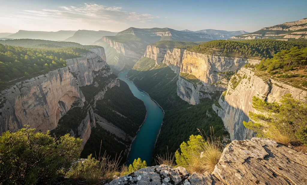 Vue sur les falaises du Verdon et la rivière turquoise serpentant dans la gorge depuis le belvédère du col d’Illoire au petit matin.