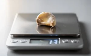Une gousse d’ail posée sur une balance de cuisine numérique, éclairée en lumière naturelle sur un fond neutre.