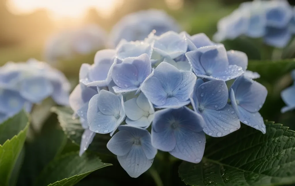 Un bouquet d’hortensias bleus repose sur des feuilles vertes mouillées de gouttes de pluie, baigné par une lumière douce du matin.