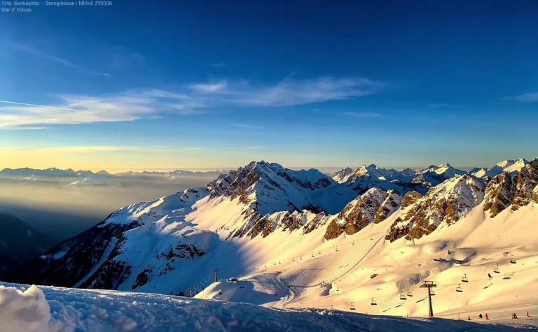 Vue depuis une webcam sur les sommets enneigés du Val d'Allos sous la lumière du matin avec un ciel bleu profond.