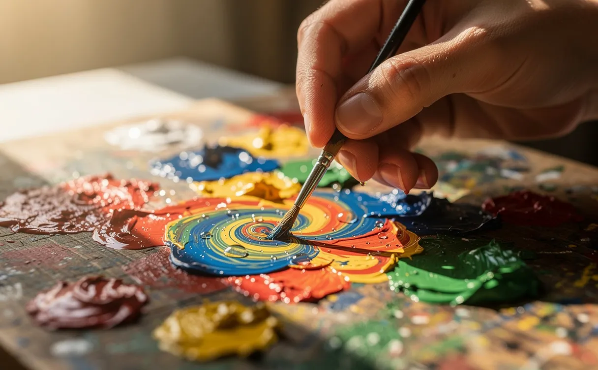 Main d’un artiste mélangeant délicatement de la peinture acrylique colorée avec de l’eau sur une palette en bois sous une lumière naturelle.
