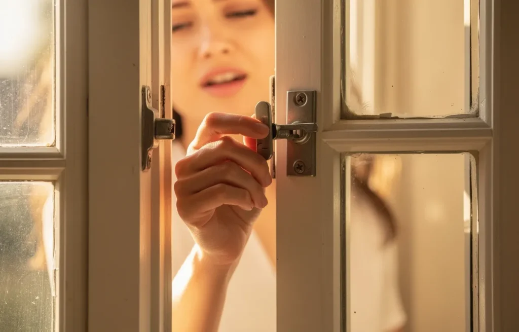 Une main déverrouille une fenêtre oscillo-battante dans une pièce baignée de lumière naturelle, avec un visage soulagé en arrière-plan.