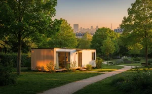 Une maison mobile moderne se trouve dans un parc verdoyant près de Paris, avec des arbres et la ville en arrière-plan sous une lumière dorée.