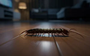Un mille-pattes avance discrètement sur le sol en bois d’un salon faiblement éclairé, projetant de longues ombres sous une lumière nocturne.