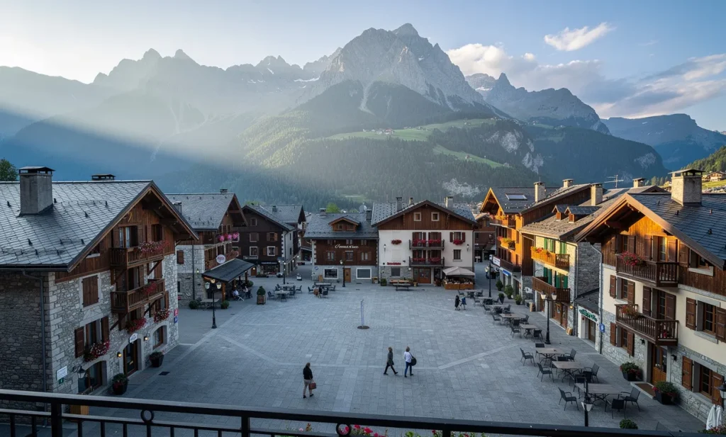 Vue matinale sur la place du village de Samoëns avec des bâtiments en pierre et des montagnes à l’arrière-plan.