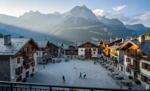 Vue matinale sur la place du village de Samoëns avec des bâtiments en pierre et des montagnes à l’arrière-plan.
