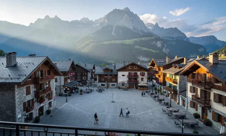 Vue matinale sur la place du village de Samoëns avec des bâtiments en pierre et des montagnes à l’arrière-plan.