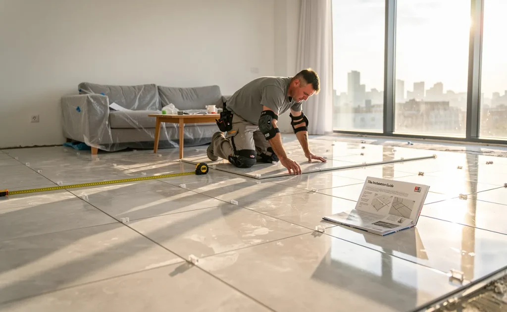Un ouvrier pose des carreaux de céramique dans un salon moderne baigné de lumière matinale, avec un ruban à mesurer et un manuel posés à côté.