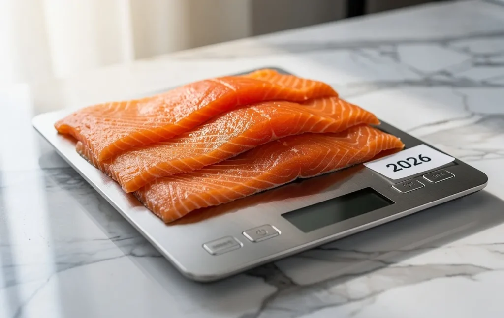 Des filets de saumon fumé présentés sur une balance de cuisine avec une étiquette indiquant l’année 2026, posés sur un comptoir en marbre éclairé par une lumière naturelle douce.