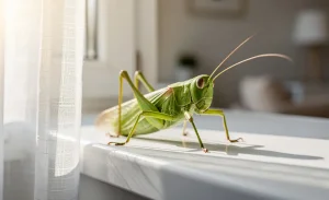 Un grand bush-cricket vert est posé sur un rebord de fenêtre blanc dans une maison moderne baignée de lumière naturelle.