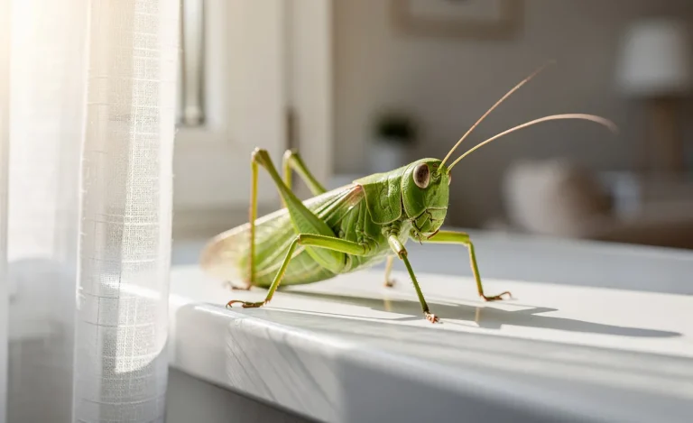 Un grand bush-cricket vert est posé sur un rebord de fenêtre blanc dans une maison moderne baignée de lumière naturelle.