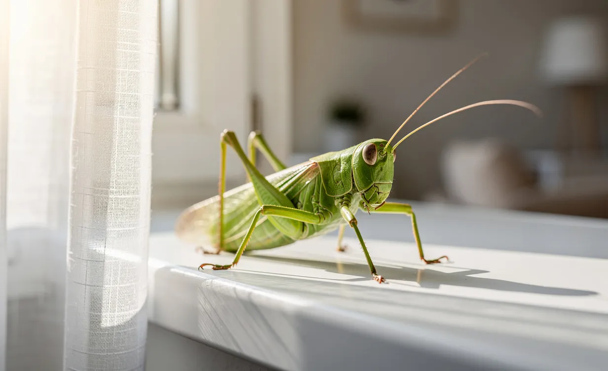 Un grand bush-cricket vert est posé sur un rebord de fenêtre blanc dans une maison moderne baignée de lumière naturelle.