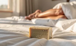 Un savon de Marseille posé sur des draps blancs, avec des jambes détendues à l’arrière-plan et la lumière du matin entrant par la fenêtre.