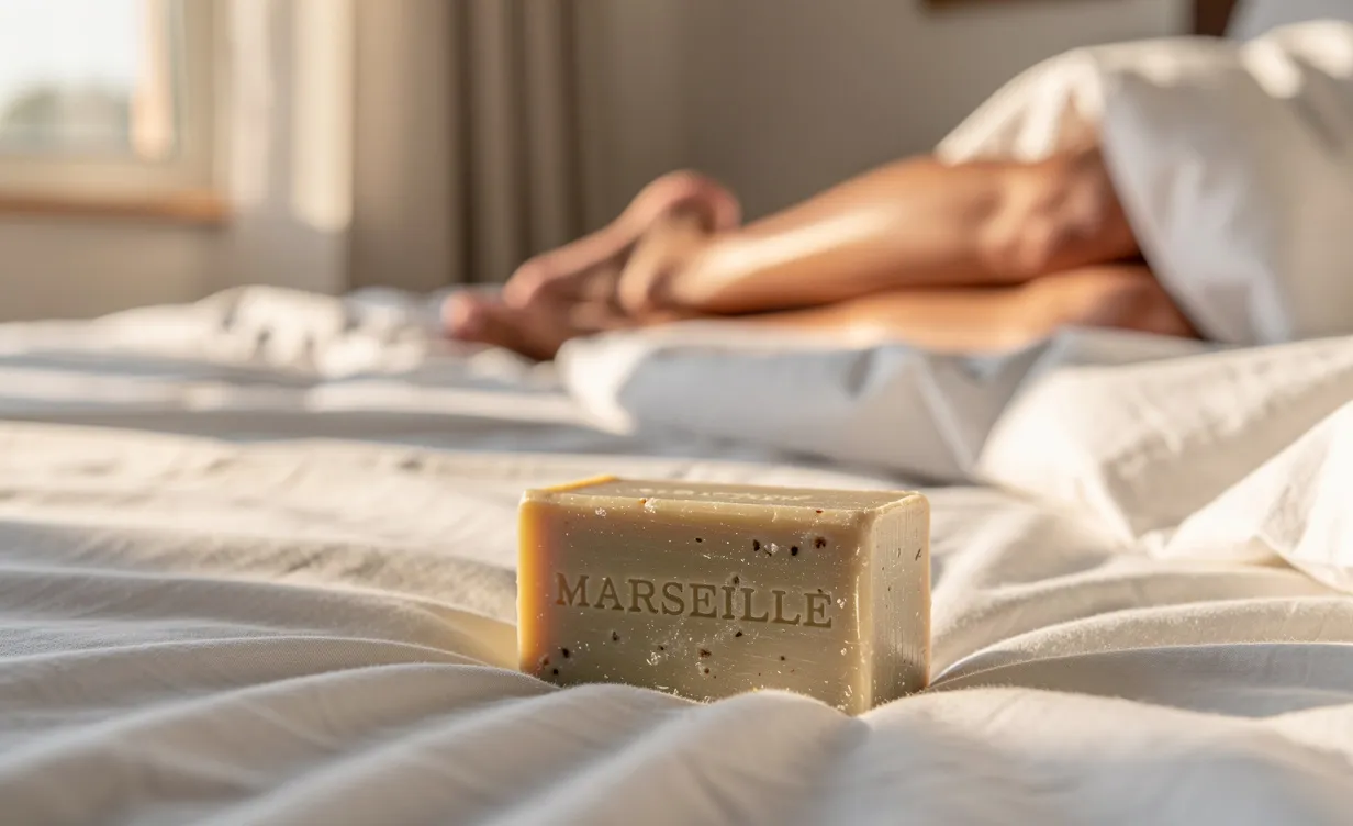 Un savon de Marseille posé sur des draps blancs, avec des jambes détendues à l’arrière-plan et la lumière du matin entrant par la fenêtre.