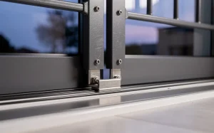 Des barreaux de sécurité solides et une butée bloquent une porte-fenêtre coulissante au crépuscule.
