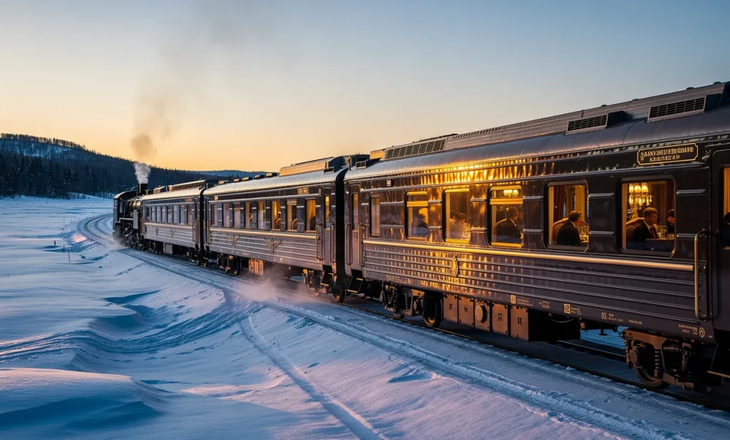 Un train transsibérien passe dans un paysage enneigé, avec des wagons-restaurants élégants éclairés par une lumière dorée du soir.