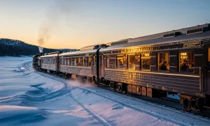 Un train transsibérien passe dans un paysage enneigé, avec des wagons-restaurants élégants éclairés par une lumière dorée du soir.
