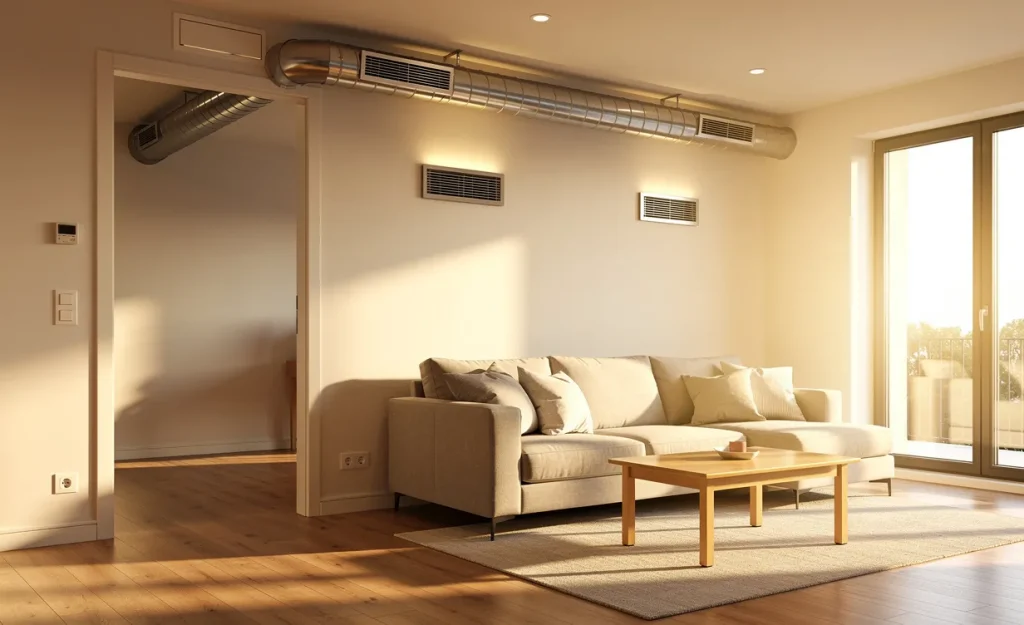 Salon moderne avec système de ventilation apparent transférant de l'air chaud par une gaine, baigné par la lumière du soleil.