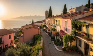 Village perché aux ruelles sinueuses bordées de maisons pastel et de verdure, avec vue sur la mer Méditerranée au coucher du soleil.