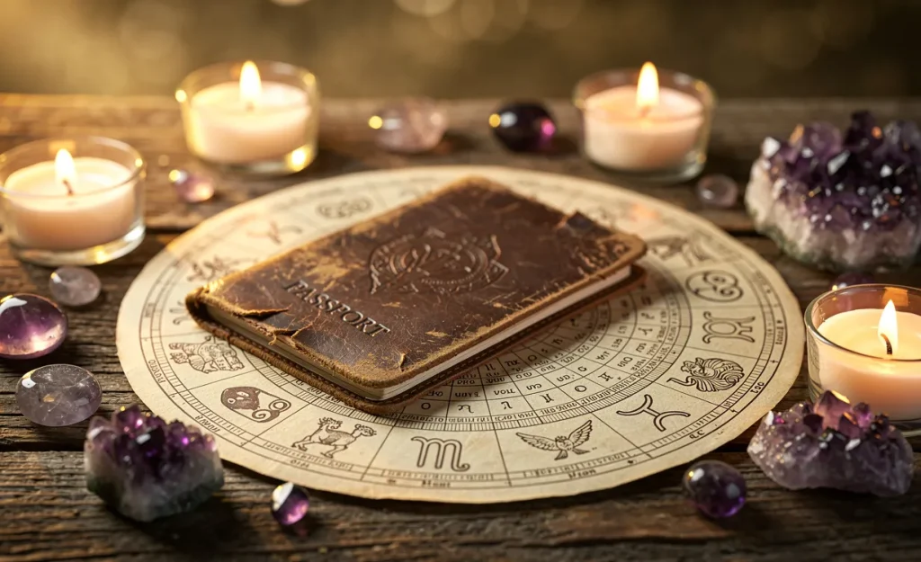 Un passeport ancien posé sur une carte d’astrologie ouverte, entouré de bougies allumées et de cristaux d’améthyste dans une lumière dorée.