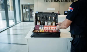 Un point de contrôle douanier à la frontière andorrane avec une valise ouverte contenant bouteilles, cigarettes et chocolats sur un comptoir éclairé par la lumière du jour.