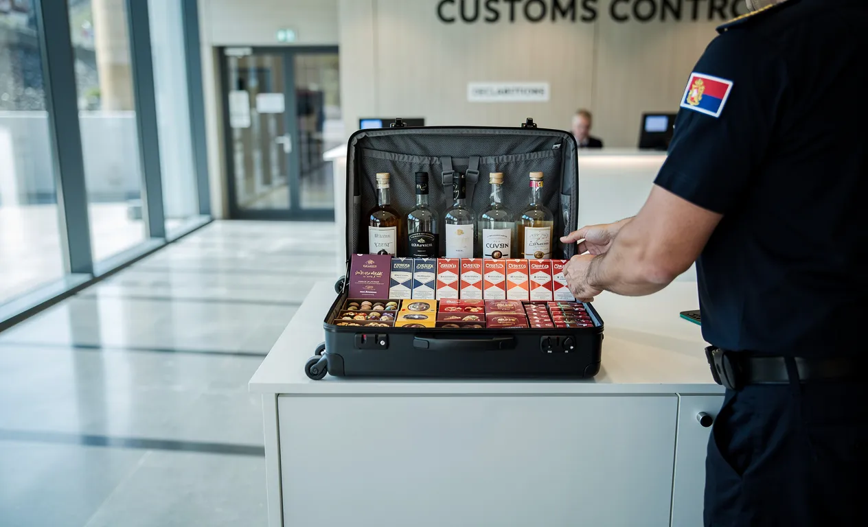 Un point de contrôle douanier à la frontière andorrane avec une valise ouverte contenant bouteilles, cigarettes et chocolats sur un comptoir éclairé par la lumière du jour.