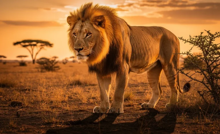 Un lion adulte debout sur la savane au coucher du soleil, aux muscles tendus sous sa crinière dorée.
