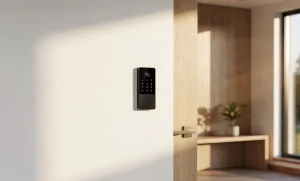 Une maison moderne avec un panneau d’alarme sans fil près de l’entrée, éclairée par la lumière du matin.