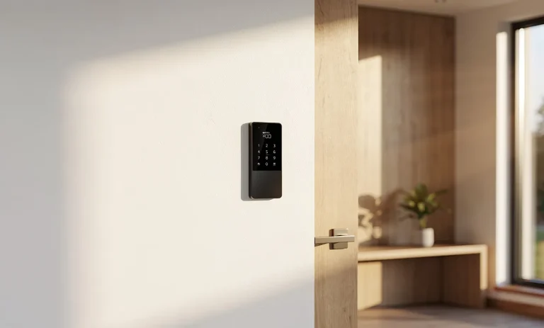 Une maison moderne avec un panneau d’alarme sans fil près de l’entrée, éclairée par la lumière du matin.