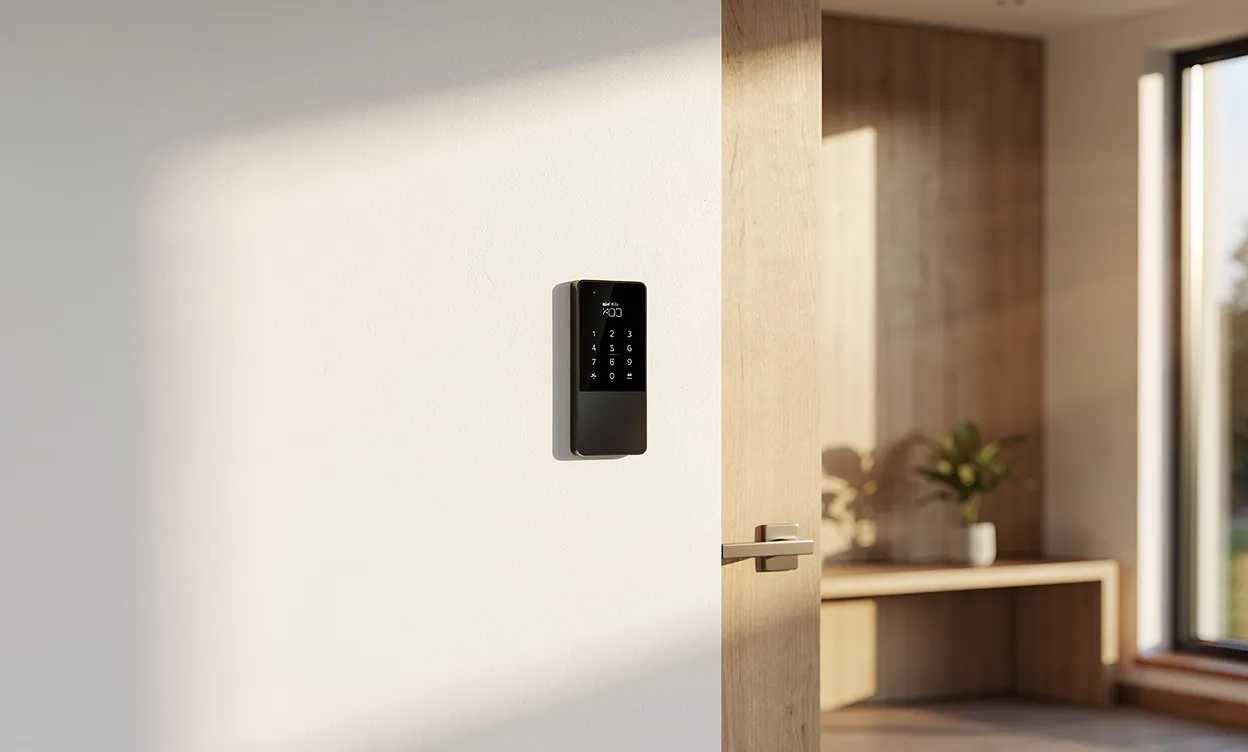 Une maison moderne avec un panneau d’alarme sans fil près de l’entrée, éclairée par la lumière du matin.