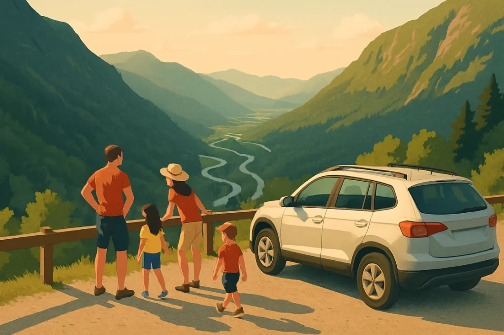 Famille en pause sur un belvédère de montagne en été, voiture garée au bord de la route