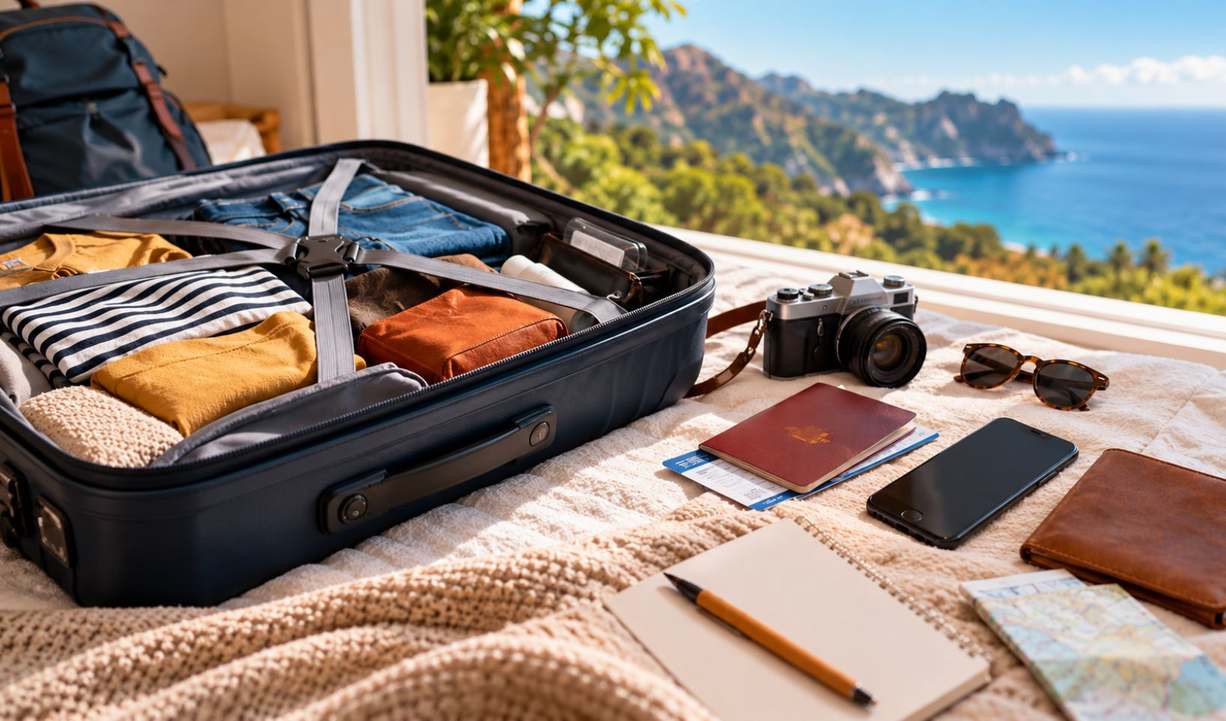 Valise ouverte sur un lit avec passeport, billet, smartphone, appareil photo et carte, devant une vue sur la mer